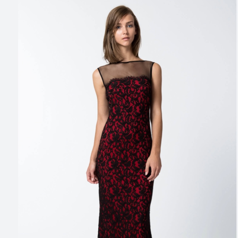 Tadashi Shoji Red and Black Lace Wedding Dress